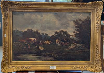 une image d'une peinture de vaches dans un champ