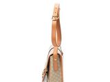 a white and tan bag with a brown strap on a white background
