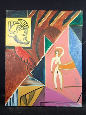 une photo d'un tableau représentant une femme debout devant un bâtiment