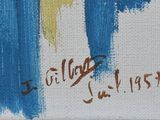 an image of a painting of blue and yellow paint on a white canvas