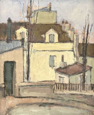 painting of a street scene with buildings and a bridge in the foreground