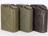 three jerry cans are lined up in a row on a white background