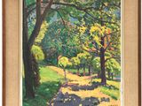 an oil painting of a path through a park with trees