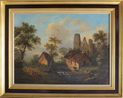 une peinture à l'huile représentant une scène de vie à la ferme avec un château en arrière-plan