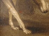 a picture of a painting of a dog that is looking at something