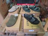 plusieurs paires de chaussures pour homme posées sur des cartons, sur une palette