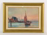 une peinture à l'huile représentant un voilier dans un port, avec un moulin à vent en arrière-plan