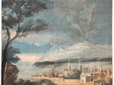 an old painting of a man riding a horse next to a tree