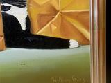 painting of a black and white cat sitting in a box