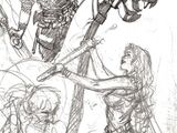 dessin représentant un homme à cheval, muni d'une épée, et une femme tenant une épée