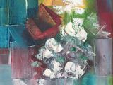a painting of a vase of flowers on a table