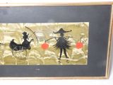 painting of a man and a woman riding in a carriage with a dog