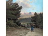 une image représentant un tableau où l'on voit une femme marchant sur un chemin de terre