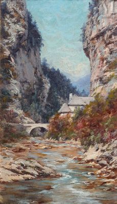 une peinture à l'huile représentant une rivière qui coule au cœur d'une gorge rocheuse