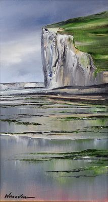 a painting of a painting of a cliff by the water