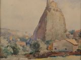 une image représentant un tableau où l'on voit une montagne avec un village en arrière-plan