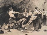 dessin représentant un groupe de personnes debout autour d'un homme tenant une épée