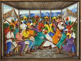 painting of a group of people dancing in a room with mountains in the background