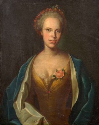 un tableau représentant une femme vêtue d'une robe jaune et d'un châle bleu