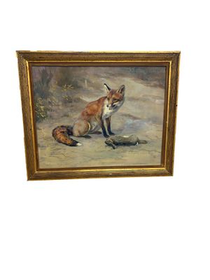an oil painting of a fox and a dead bird on the ground