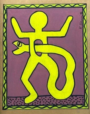a painting of a yellow man with a snake on a purple background