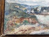 an oil painting of a landscape with a river in the foreground