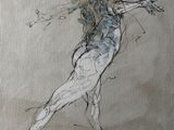 drawing of a woman in a blue dress holding a tennis racquet