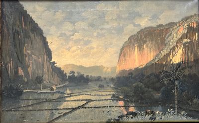 a painting of a river with a mountain in the background