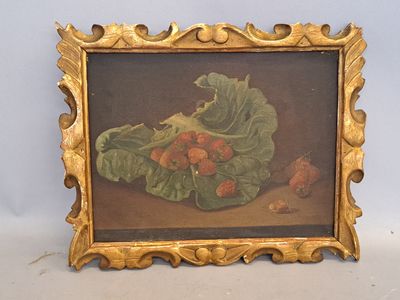 an image of a painting of a cabbage leaf and strawberries in a gold frame