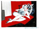 drawing of a woman laying on a bed in a red room