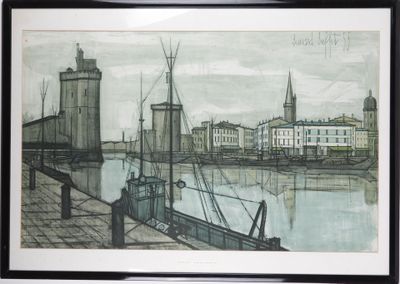 drawing of a view of a harbor with boats and buildings in the background