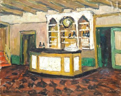 a painting of a bar in the middle of a room