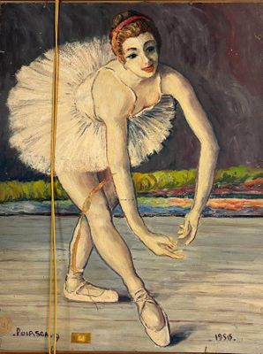 tableau représentant une femme vêtue d'un tutu blanc et d'un bandeau rouge, devant un tableau représentant une femme vêtue d'un tutu blanc et d'un bandeau rouge