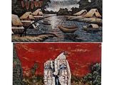 deux tableaux représentant une rivière et un village avec des bateaux sur l'eau