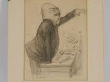 drawing of a man in a suit pointing at something on a table
