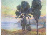 an image of a painting of three trees by the water