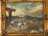 tableau représentant un tableau dans lequel figurent des chevaux et un homme sur une plage