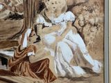 a picture of a painting of a woman sitting on a bench