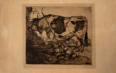 dessin représentant un homme en train de traire une vache dans une étable