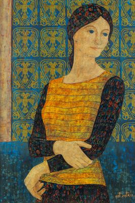 une image d'un tableau représentant une femme en robe jaune