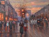 painting of a painting of people walking down a city street at dusk