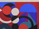 abstract painting of red, blue, and black shapes on a white background
