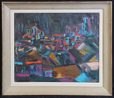 une peinture à l'huile représentant un paysage urbain, encadrée et accrochée au mur