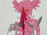 painting of a woman with scissors and a pink dress with blood on it