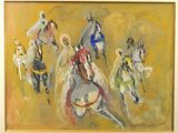a painting of a group of people riding horses