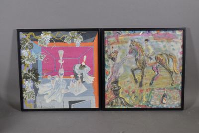 Deux tableaux sont accrochés au mur d'une pièce : l'un représente un cheval et l'autre un homme à cheval.
