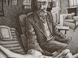 a drawing of a man sitting on a couch in a living room