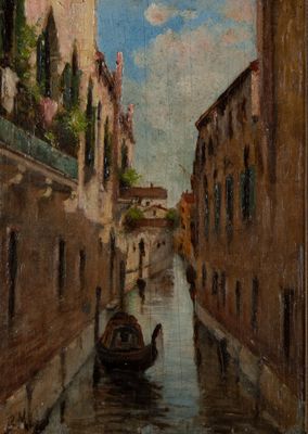 painting of a canal with a gondola in the middle of it