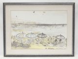 tableau représentant une scène de plage avec des parasols et des personnes sur le sable