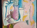 un tableau représentant une femme assise à côté d'un vase de fleurs